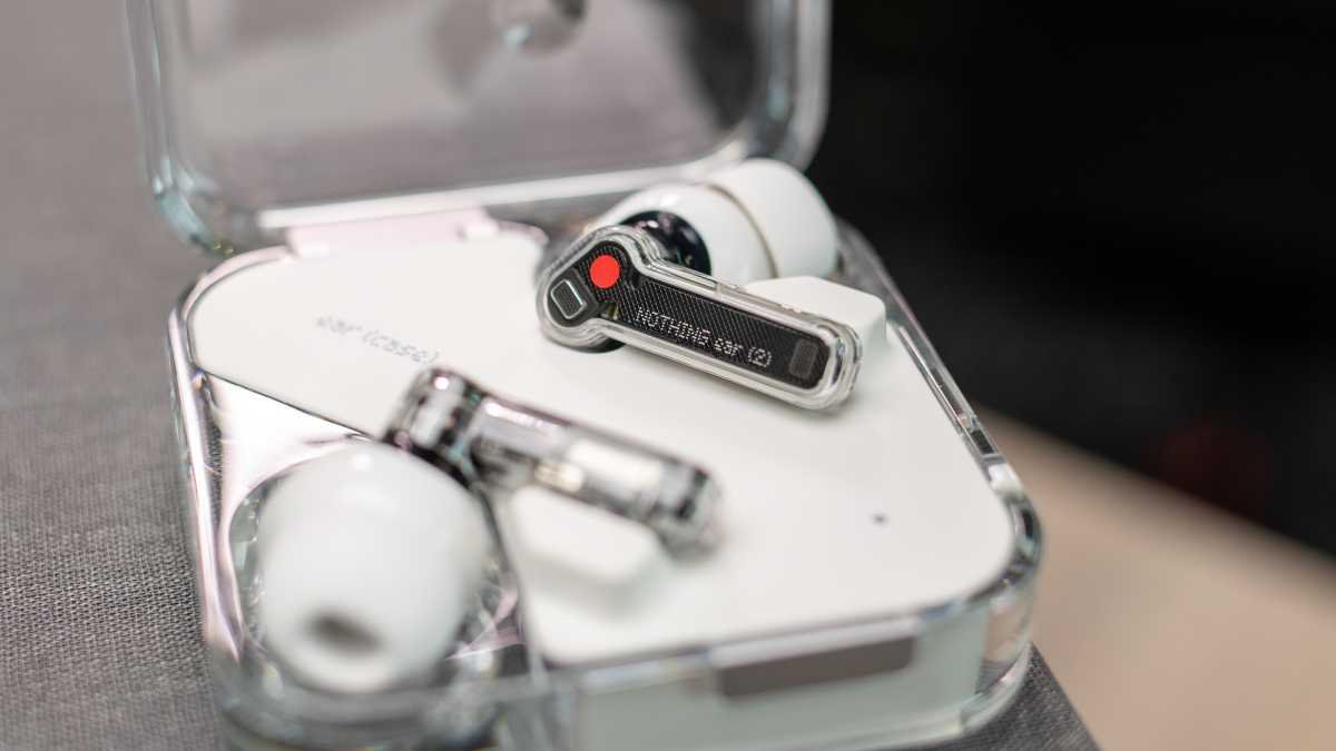 Nothing Ear (2) in their closed charging case
