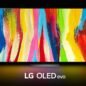 LG C2 OLED dengan latar belakang hitam dengan pola pelangi ditampilkan di layar.